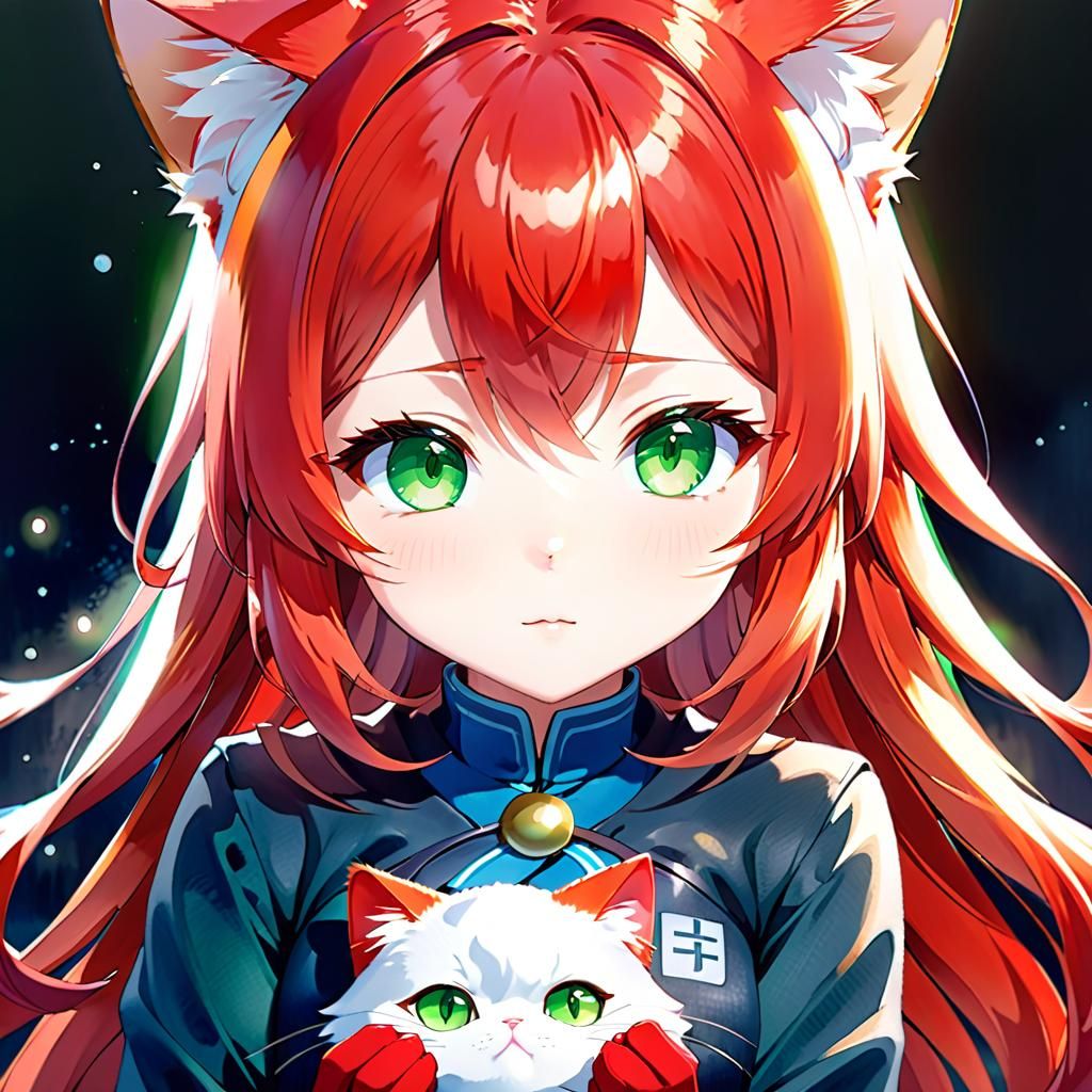 Anime Cat-Girl with Red Hair and Cat