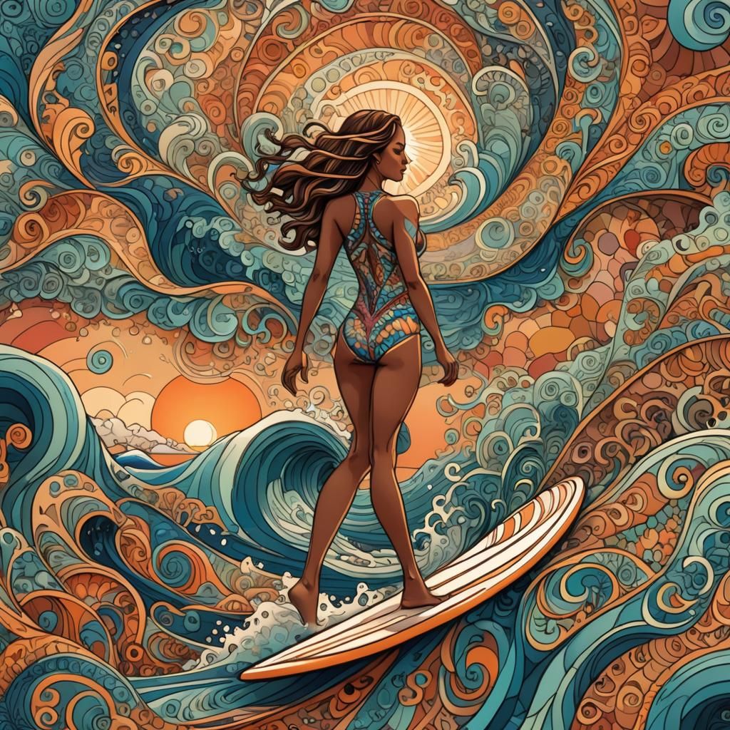 Girl Surfing: Abstract Vector Fractal Art at Sunset