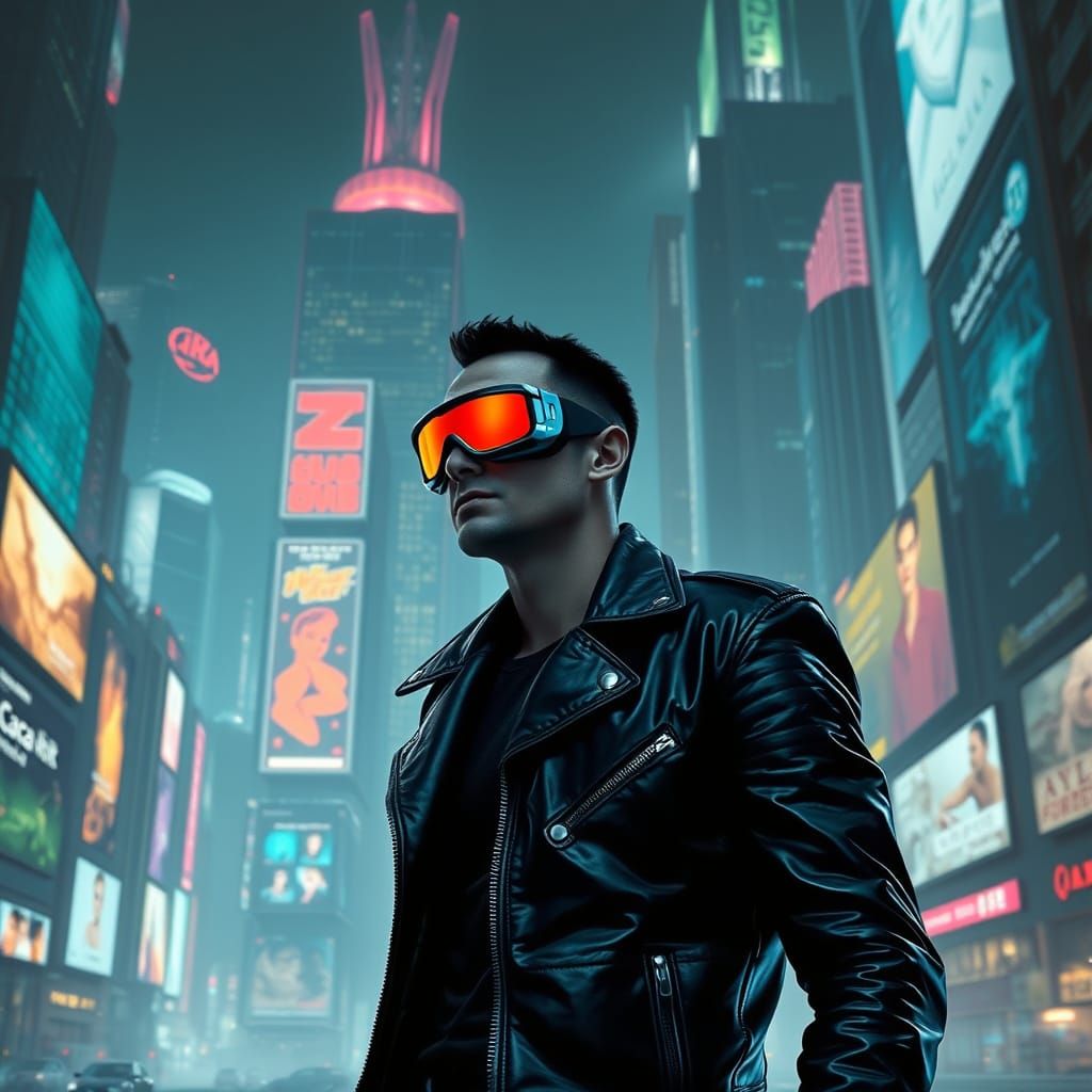Futuristic Figure in Cyberpunk Cityscape