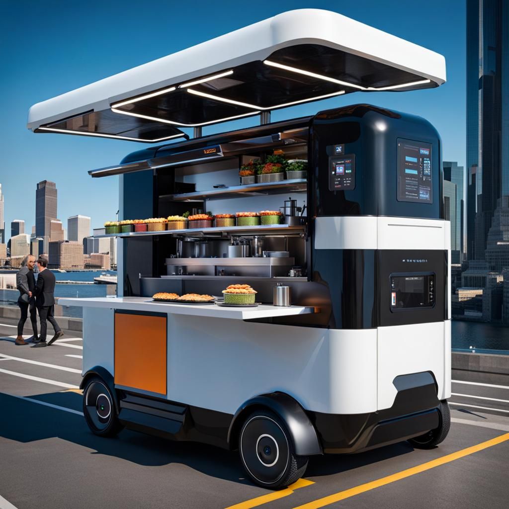 Futuristic Food Truck with Robot Waitstaff in Cyberpunk Styl...