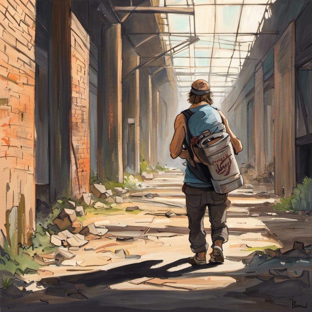 Homeless Man in Abandoned Factory, Acrylic Painting