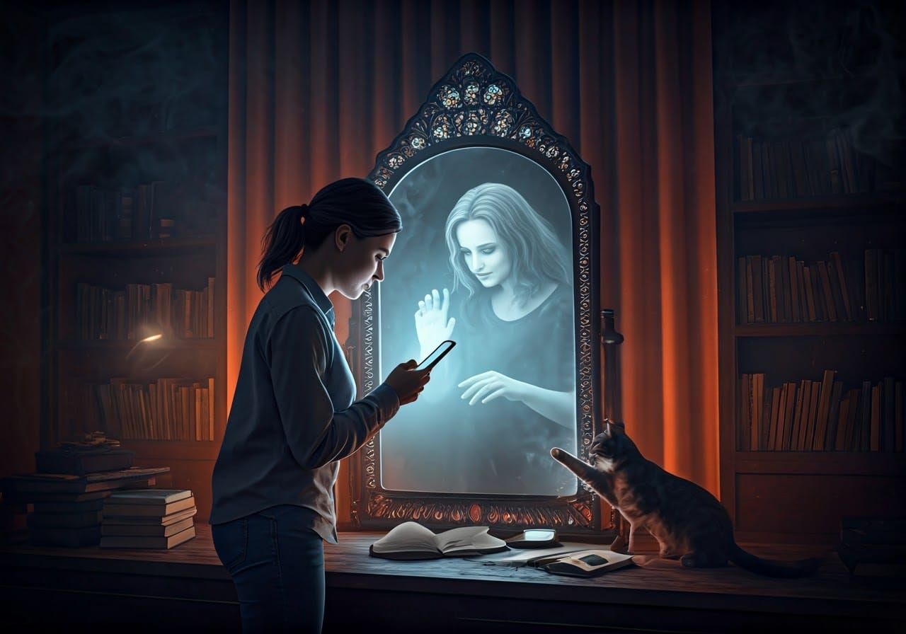 Ethereal Ghost Reaching for Cat in Art Deco Mirror