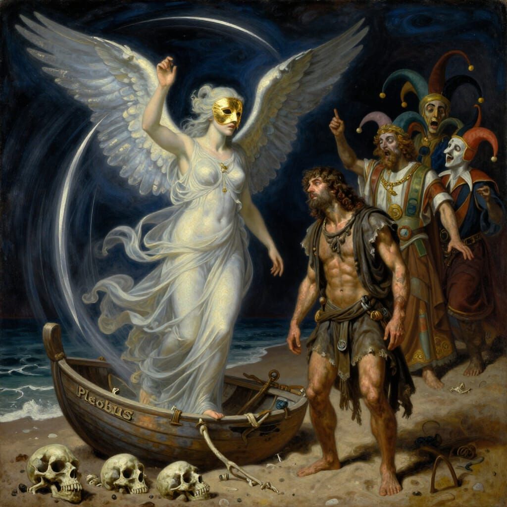 Muse Casts Golden Mask into Bladed Futurity Oil Painting