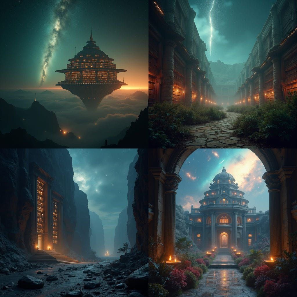 Epic Space Library Amidst Meteor Shower