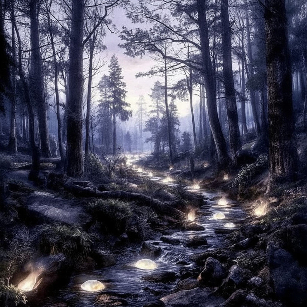 Glimmering Brook - A clear brook lined with glowing stones that illuminate the forest path at night, leading travelers t...