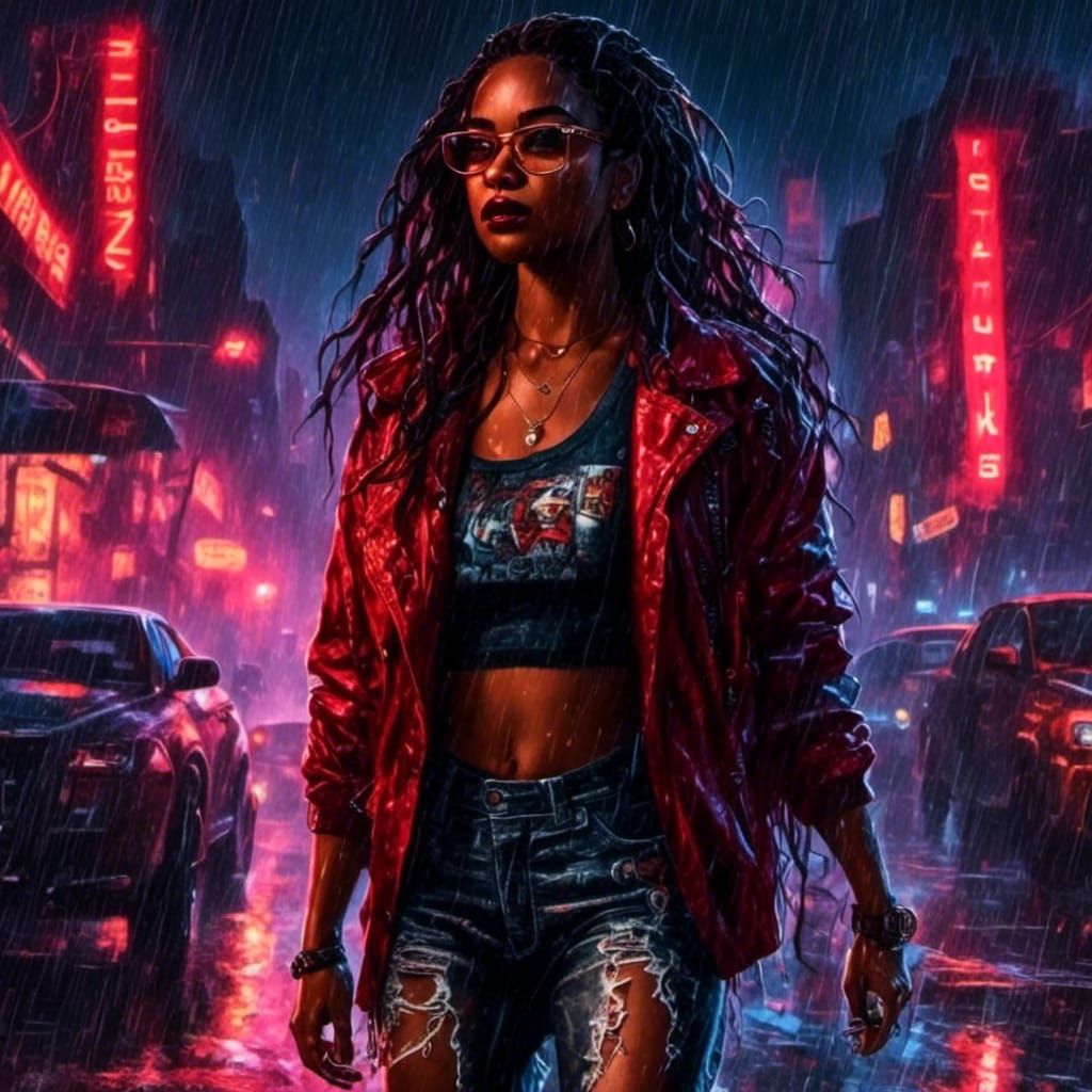 Cyberpunk Woman in Rainy Neon Cityscape