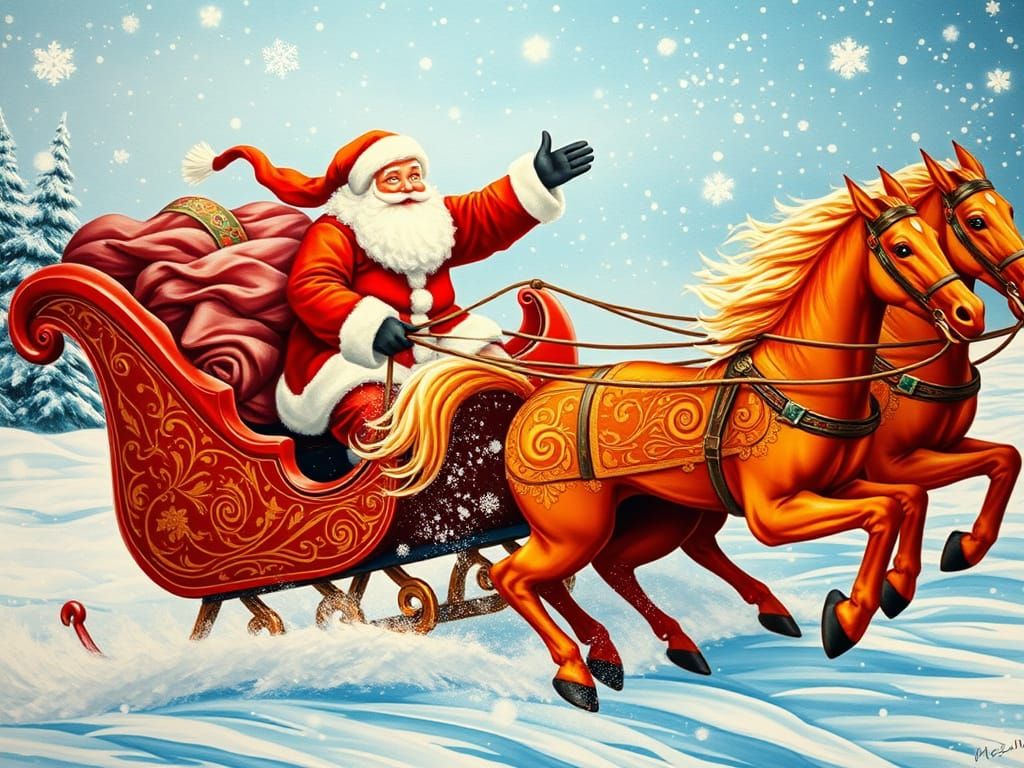 Santa Claus Races Fiery Horses in Palekh-Style Winter Sleigh