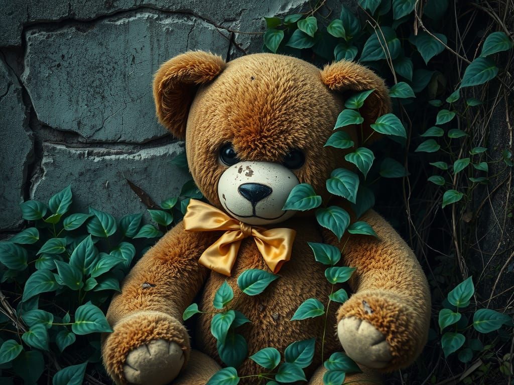Desolate Teddy Bear Amidst Overgrown Ruins
