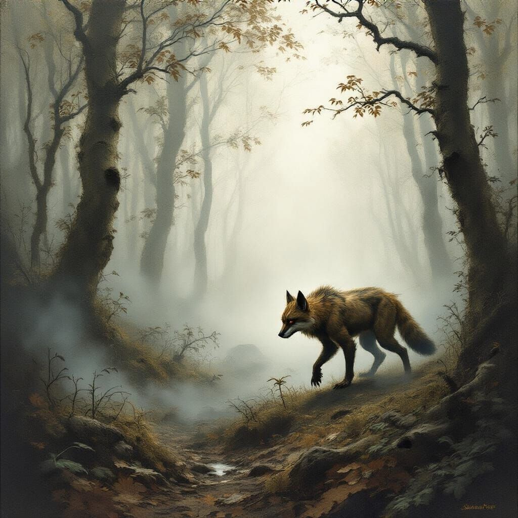 Predator Stalks Prey in Misty Forest