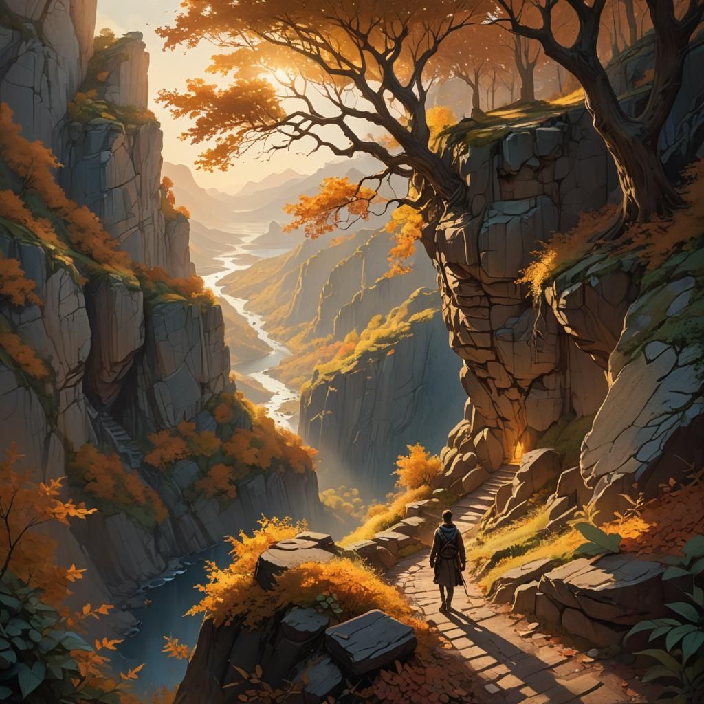 Lone Figure on Cliffside Path in Fantasy Concept Art