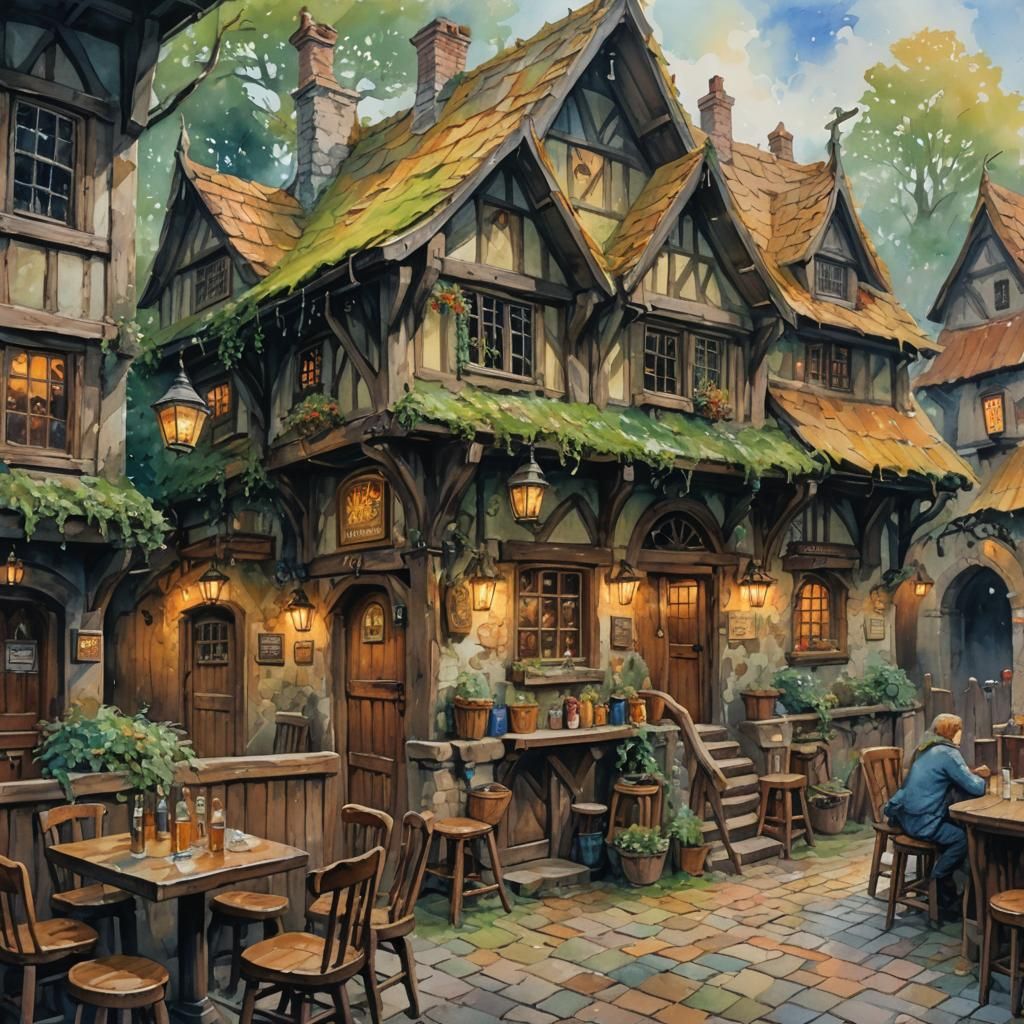 Elvish Pub Interior in Gouache Watercolor Style