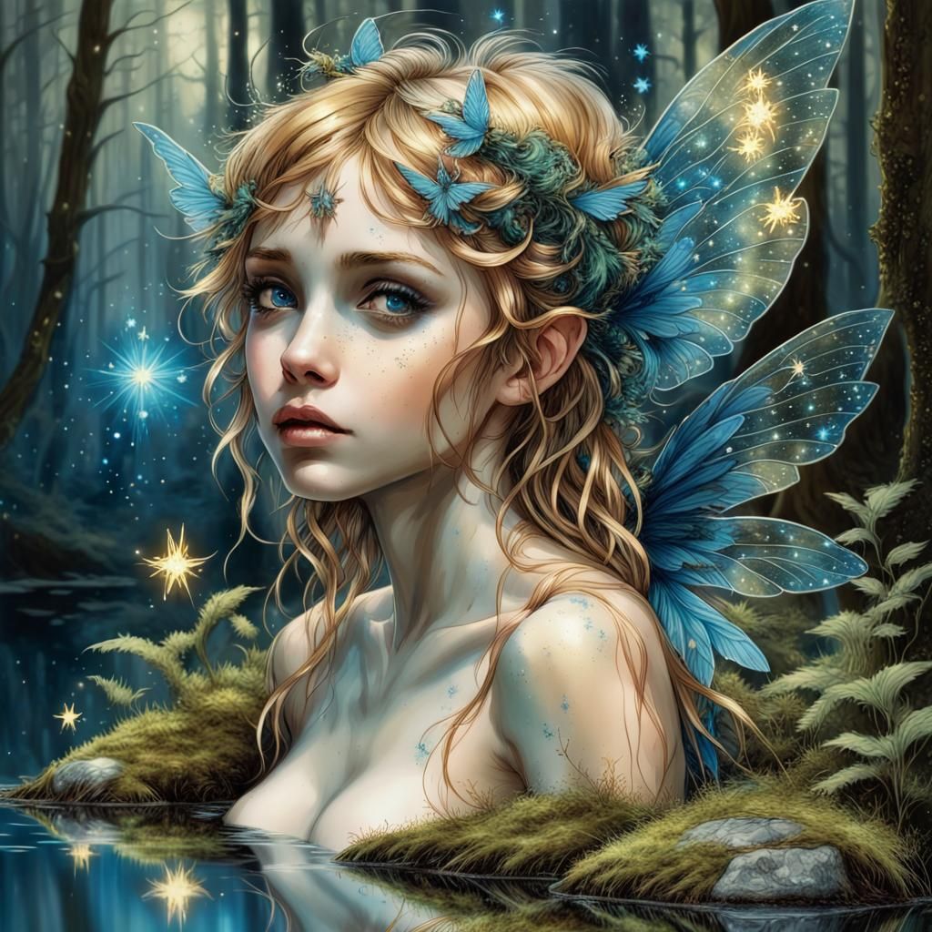 Golden-Blue Forest Fairy with Translucent Wings