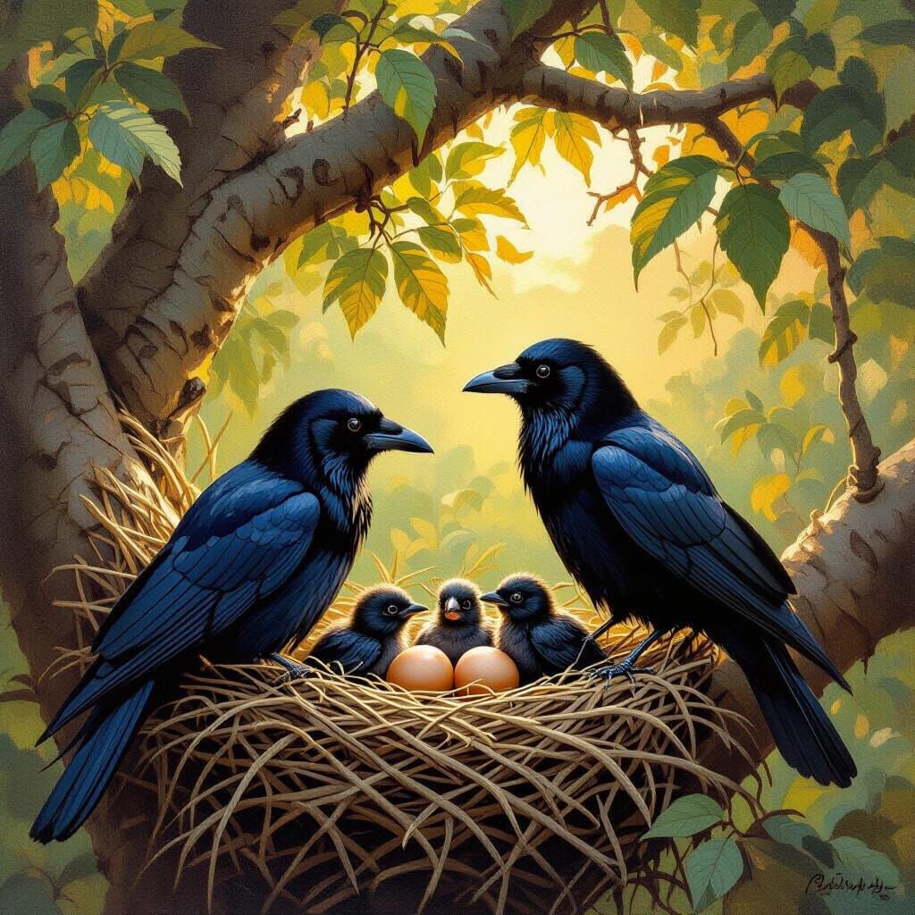 Crow Family Nest on Banyan Tree in Golden Hour Oil Painting