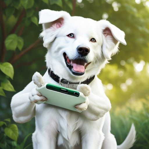 White Dog Laughing While Holding Smartphone