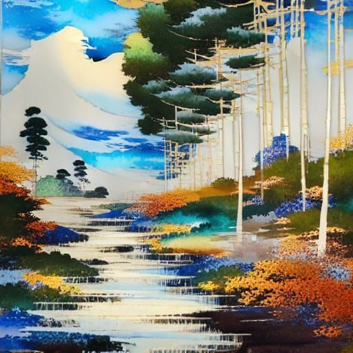 Japanese Landscape in Whimsical Neo-Impressionist Style