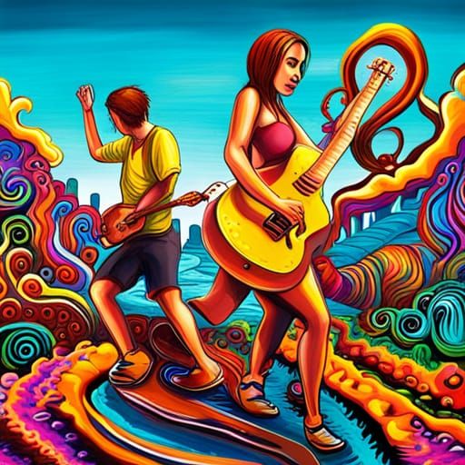 Graffiti Art: Woman Rides Guitar with Drummer