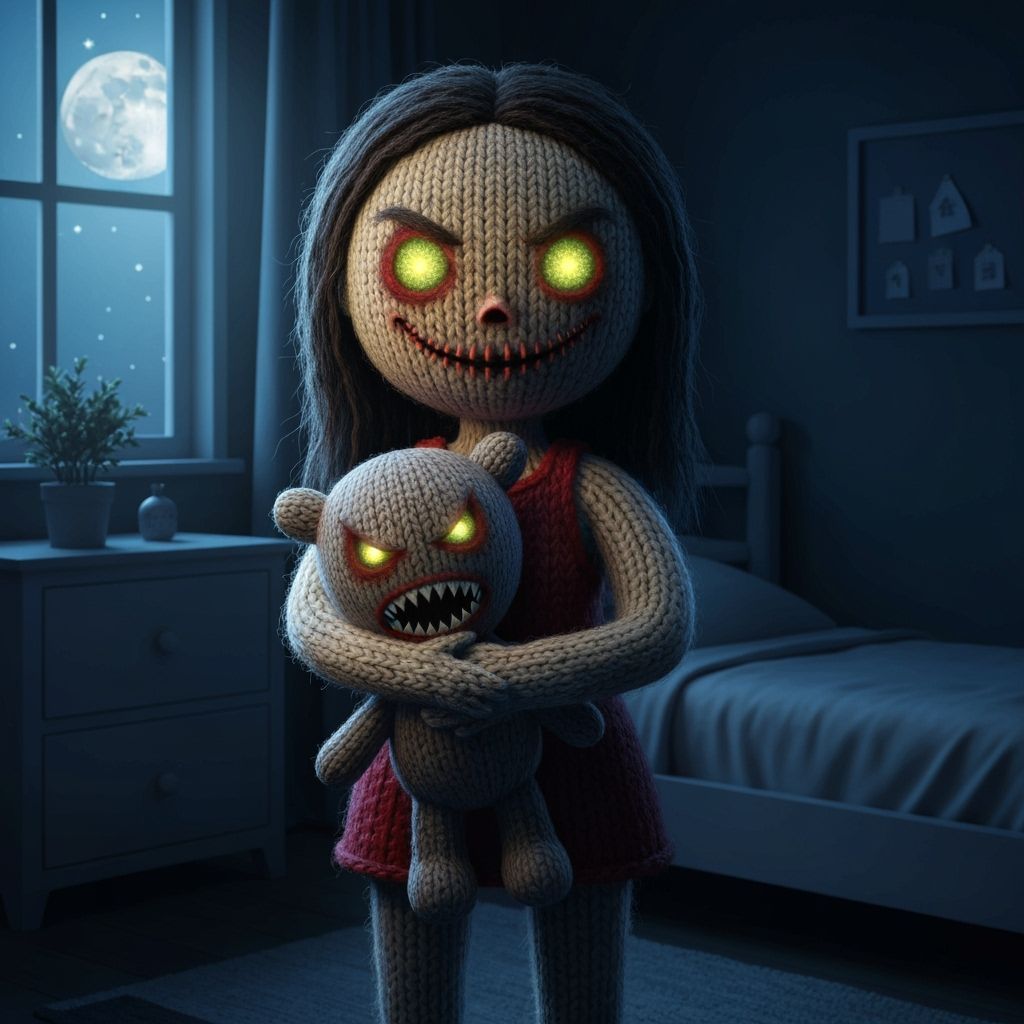 Creepy Knitted Girl with Glowing Eyes in Haunted Bedroom