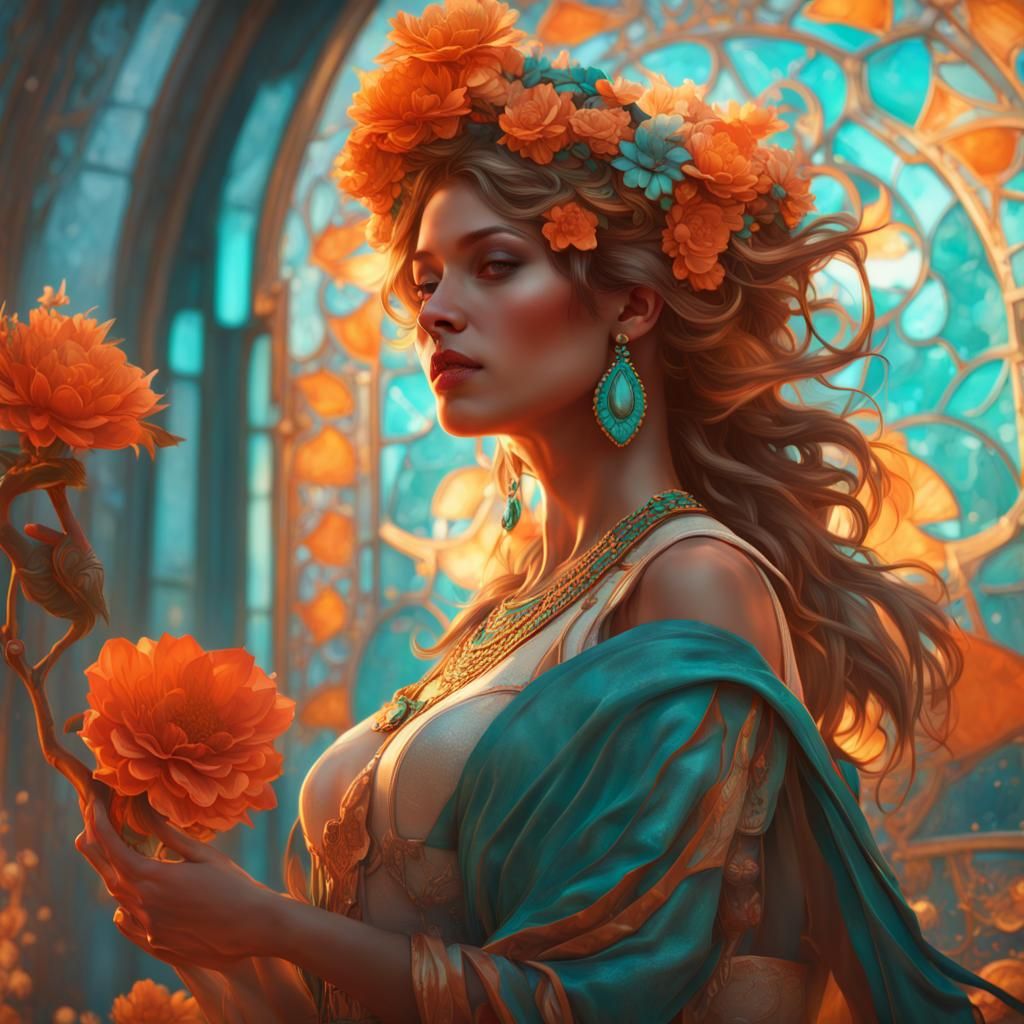Radiant Woman with Flowers: Art Nouveau Style