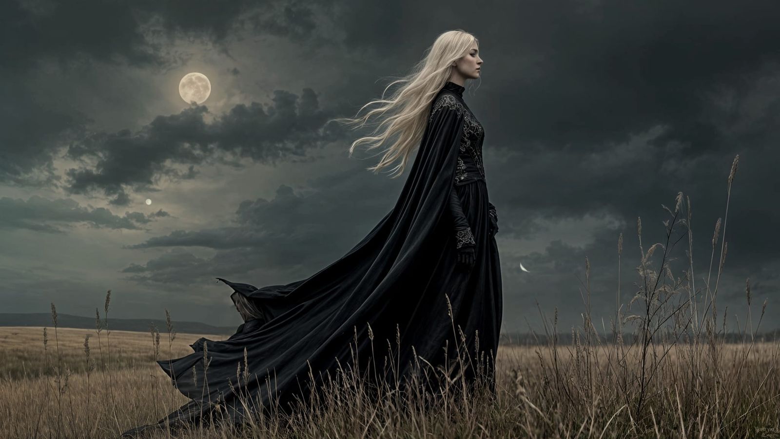 Gothic Blonde in Dark Fantasy Landscape