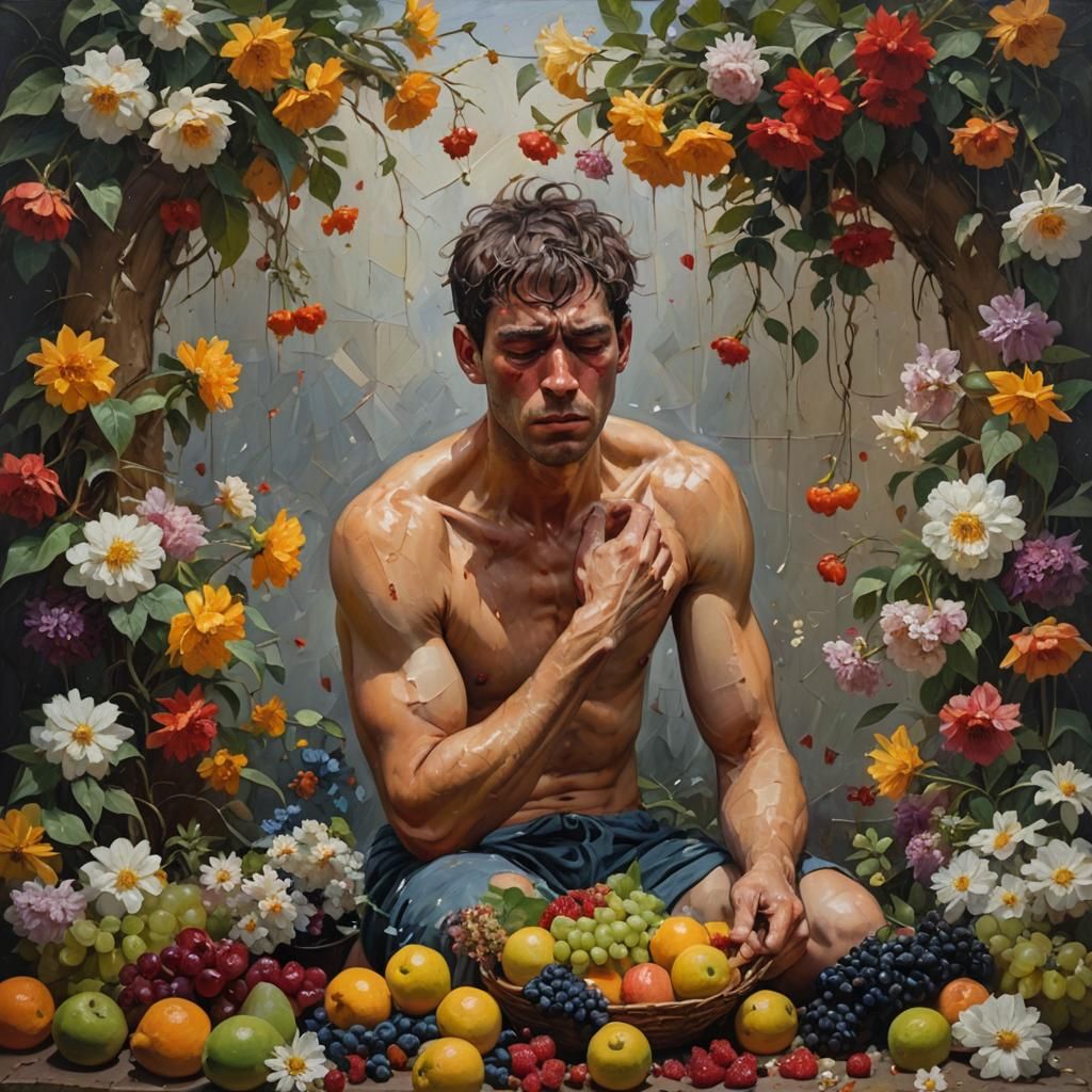 Sobbing Man Surrounded by Flowers: Gurney-Style Oil Painting