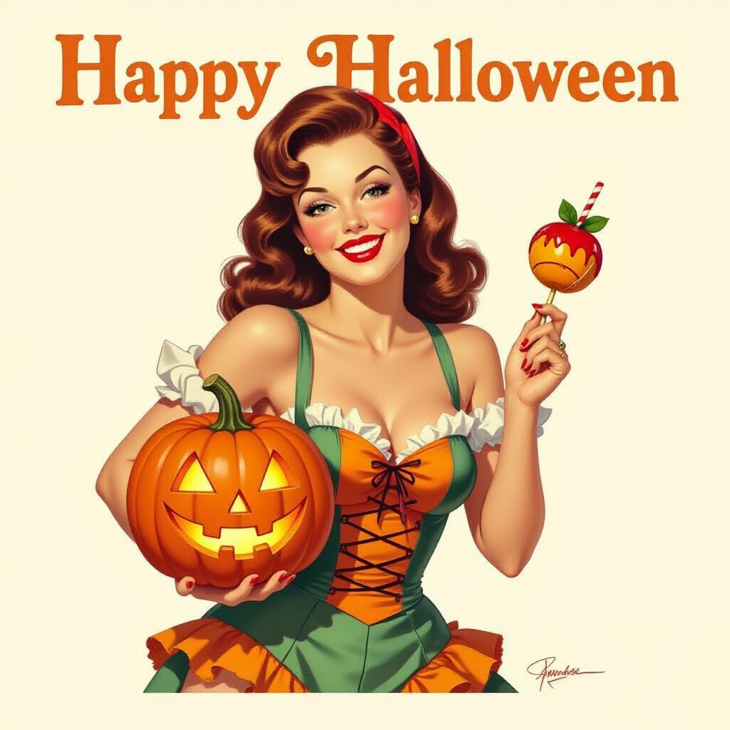 Vintage Pin-Up Halloween Woman With Pumpkin And Candy Apple