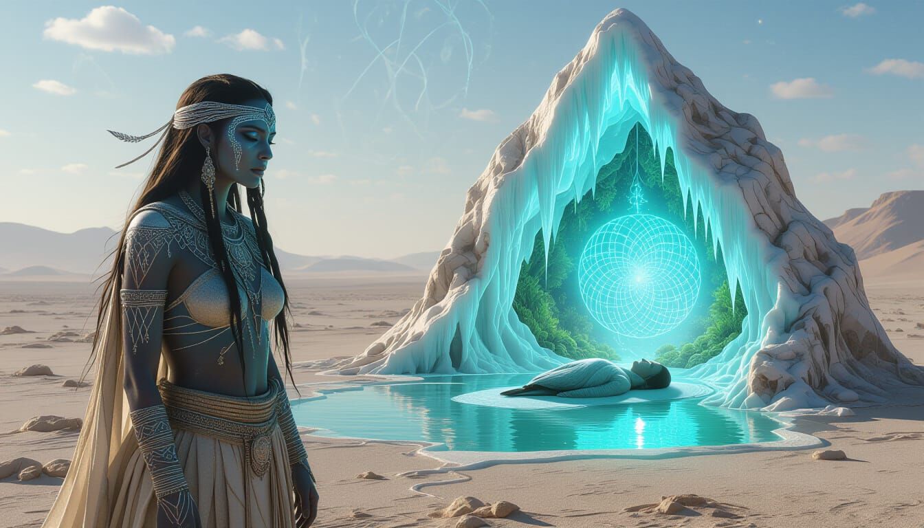 Mystical Shaman Revealing Bioluminescent Oasis in Barren Lan...