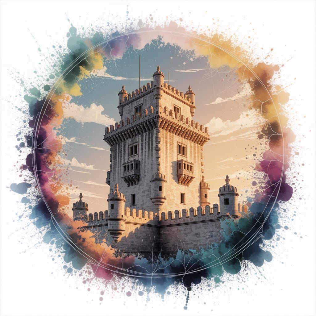 Majestic Watchtower Under Golden Sunset in Watercolour Style