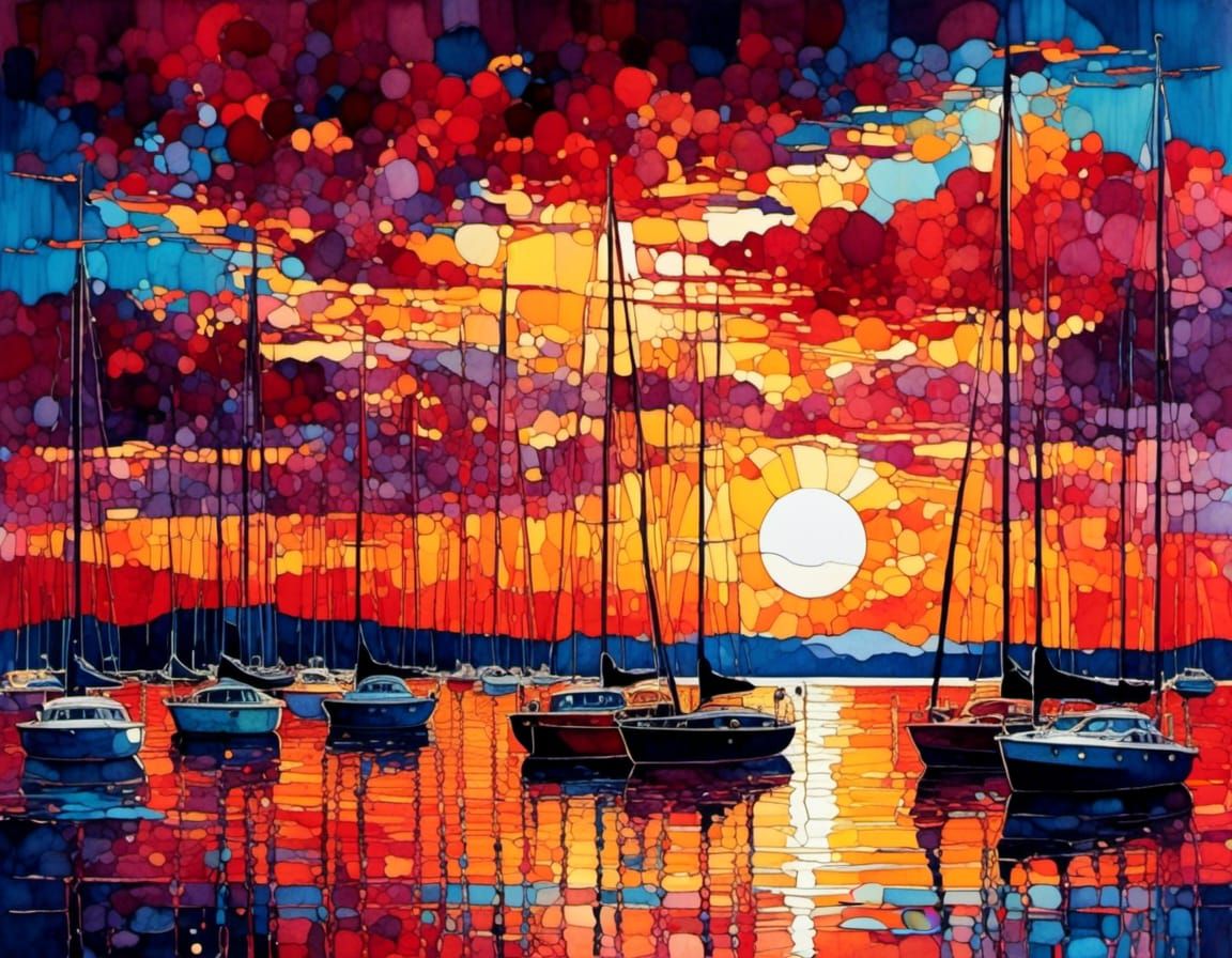 Caribbean Sunset Yacht Harbor in Watercolor Style