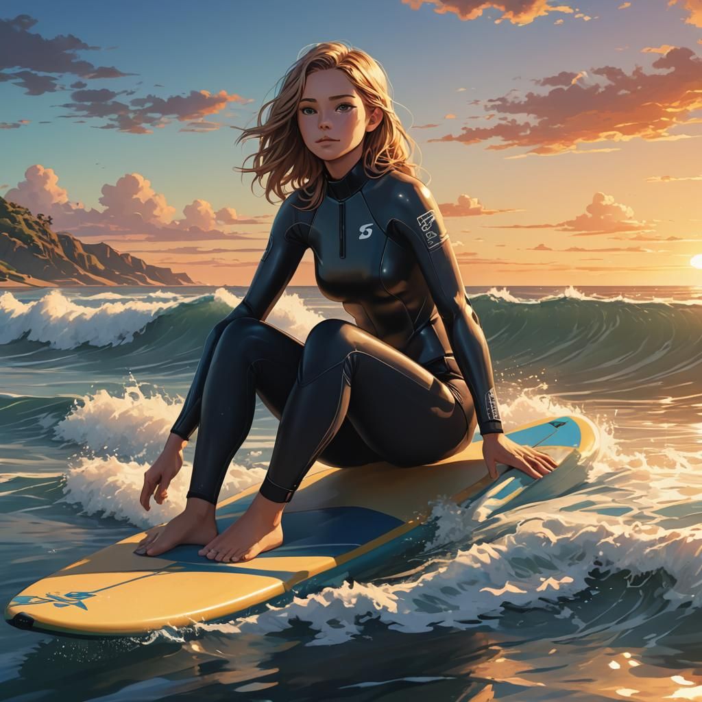 Anime Surfer Girl at Sunset, Cel-Shaded Style
