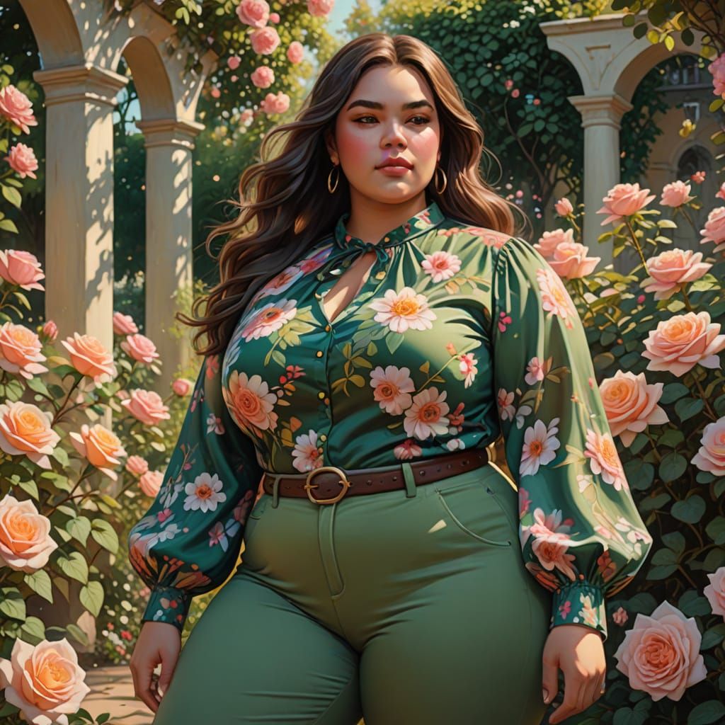 Plus-Sized Beauty in Rose Garden, Oil Painting