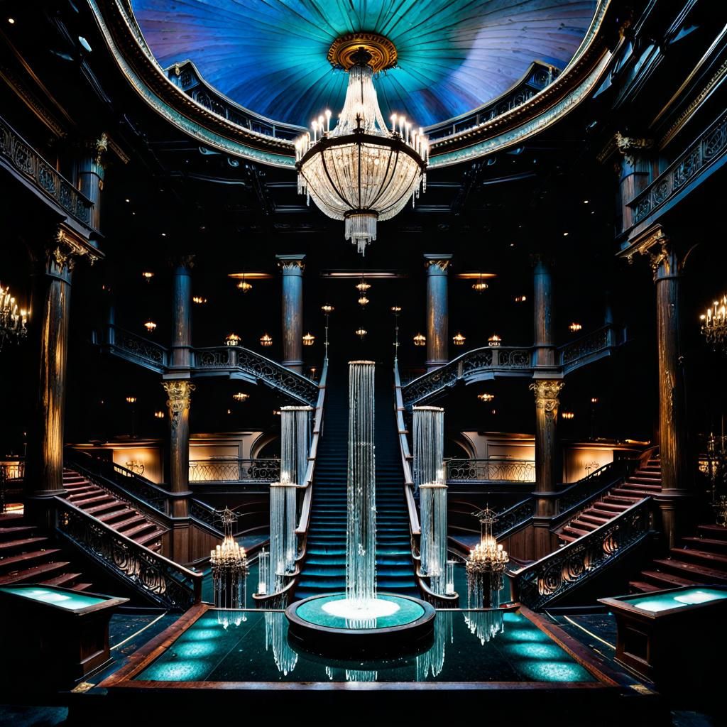 Setting:  The once-opulent Grand Staircase of the Titanic is now a dilapidated dance floor.  Chandeliers hang at precari...