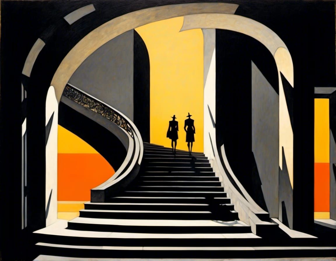 Dystopian Stairway with Androids at Sunset