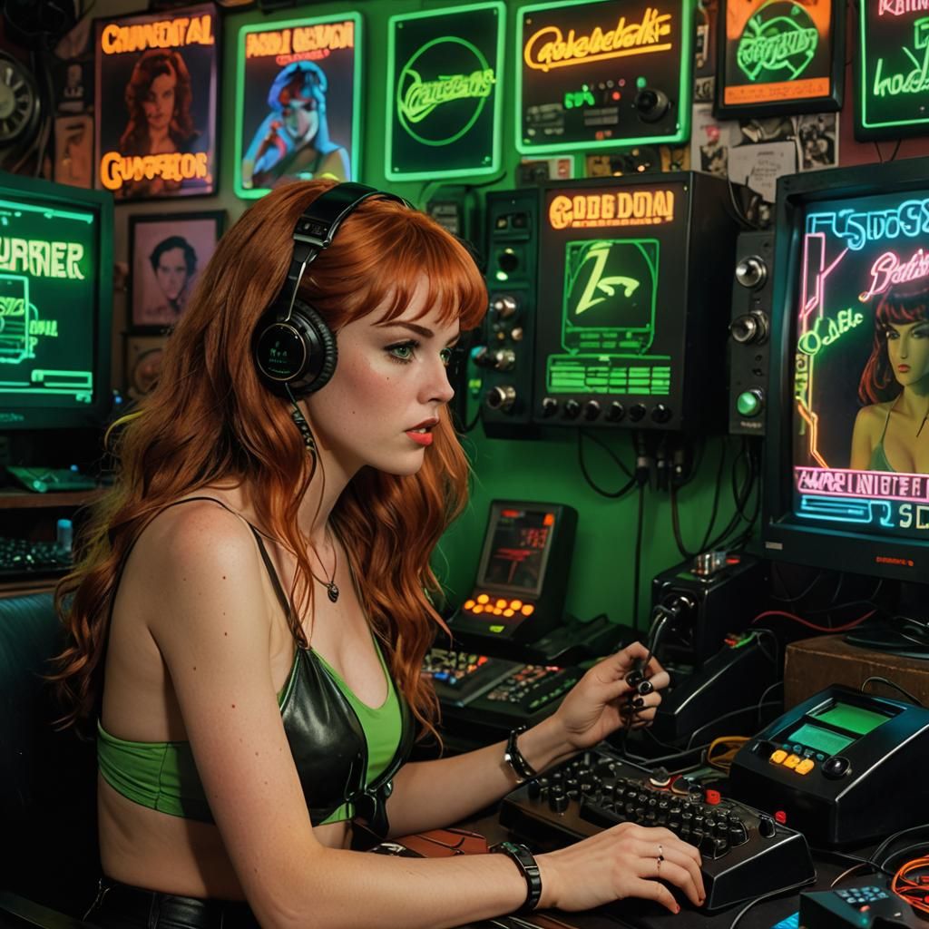 Cyberpunk Woman Uses Vintage Computer