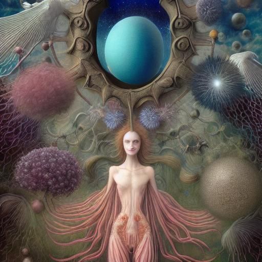 Surreal Figures Laughing in Space, Detailed Fairytale Scene