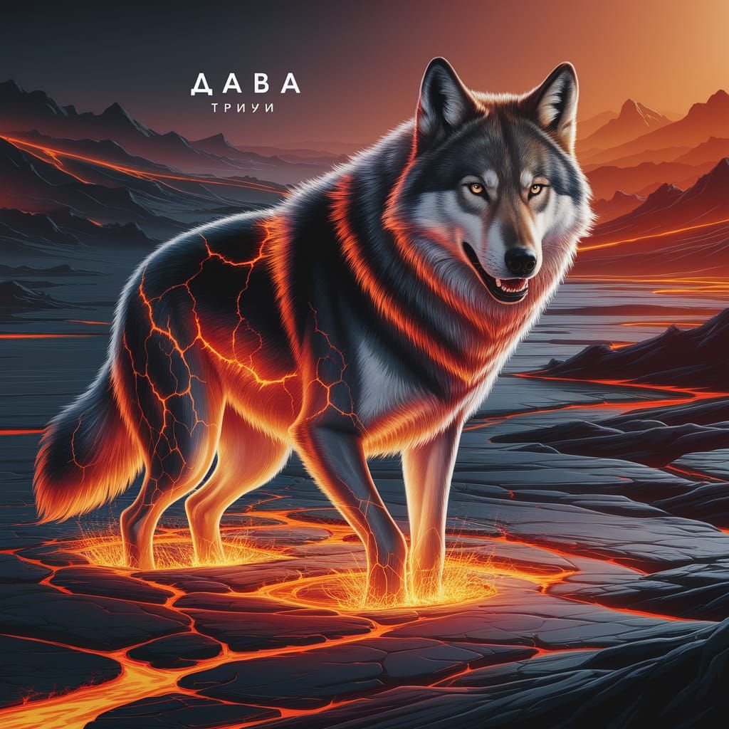 Lava Wolf with Glowing Cracks in Surreal Landscape