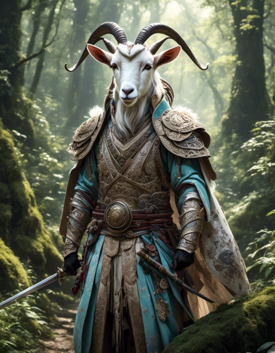 Anthro Goat Samurai in Fantasy Woodland