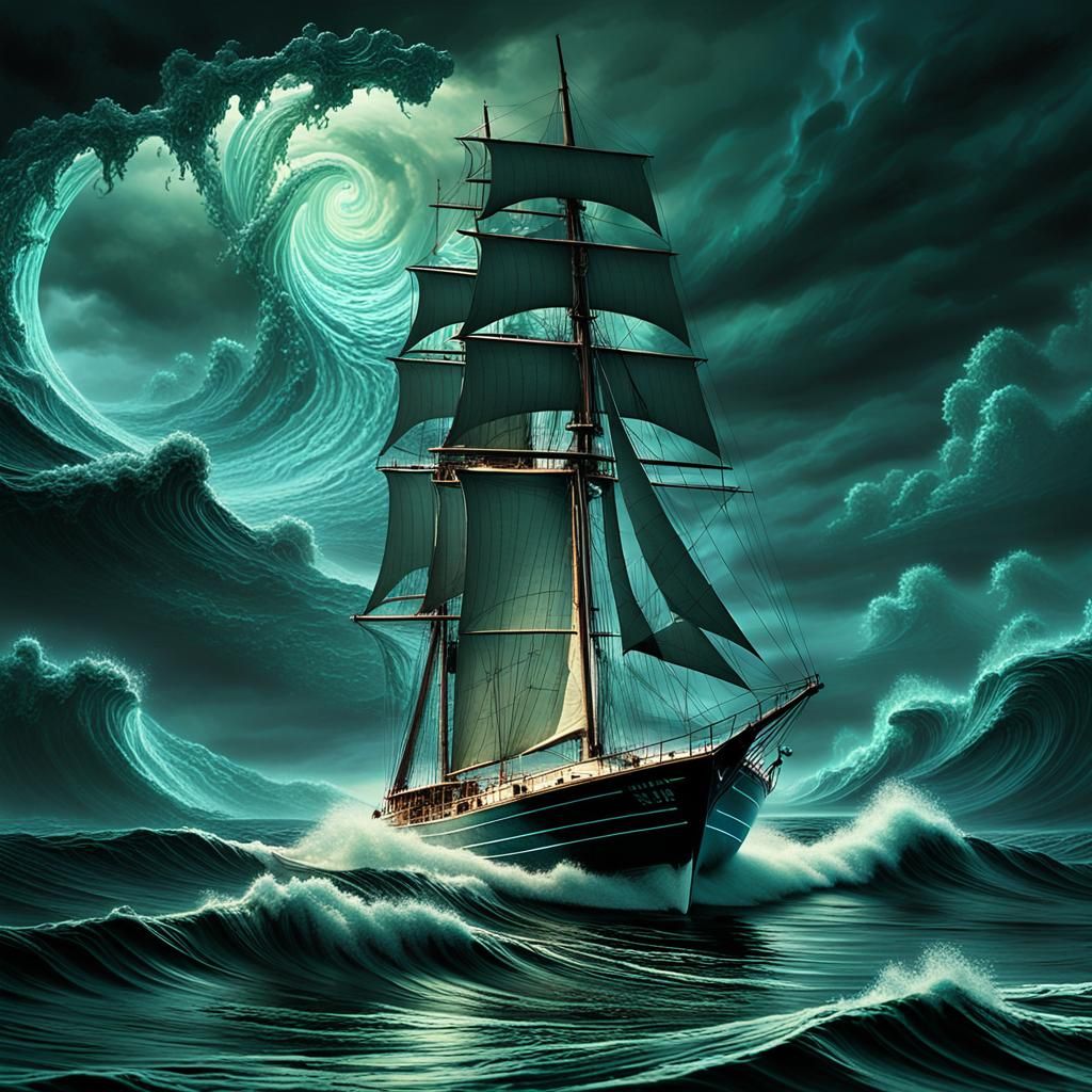 Sailboat navigating through towering waves