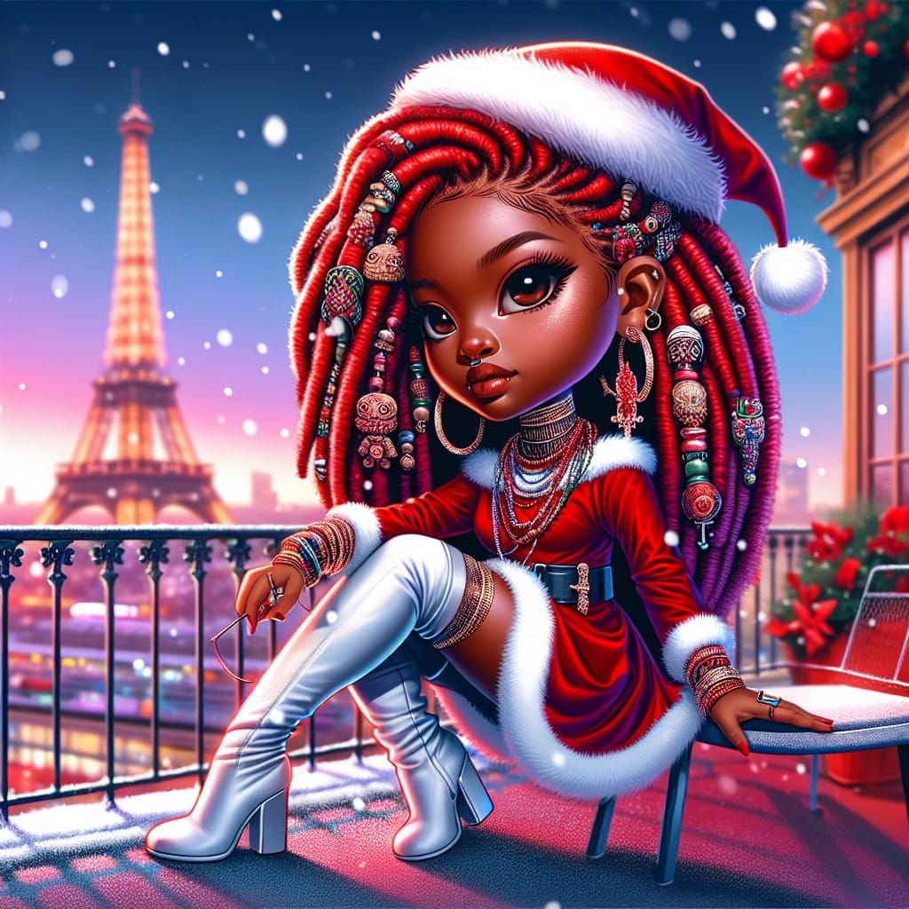 Vibrant Chibi Girl Sits on Eiffel Tower Balcony, Christmas S...
