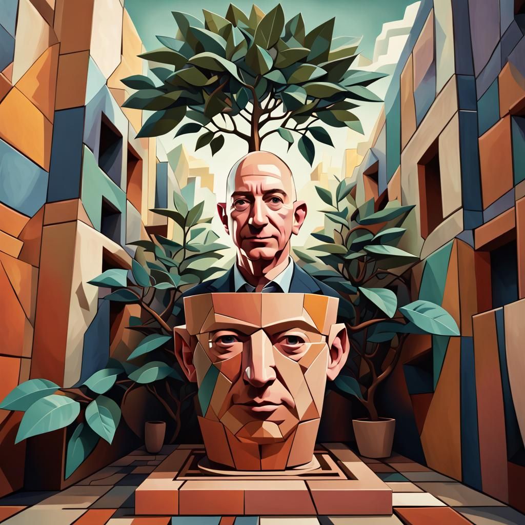Jeff Bezos as Clay Pot: A Cubist Money Tree