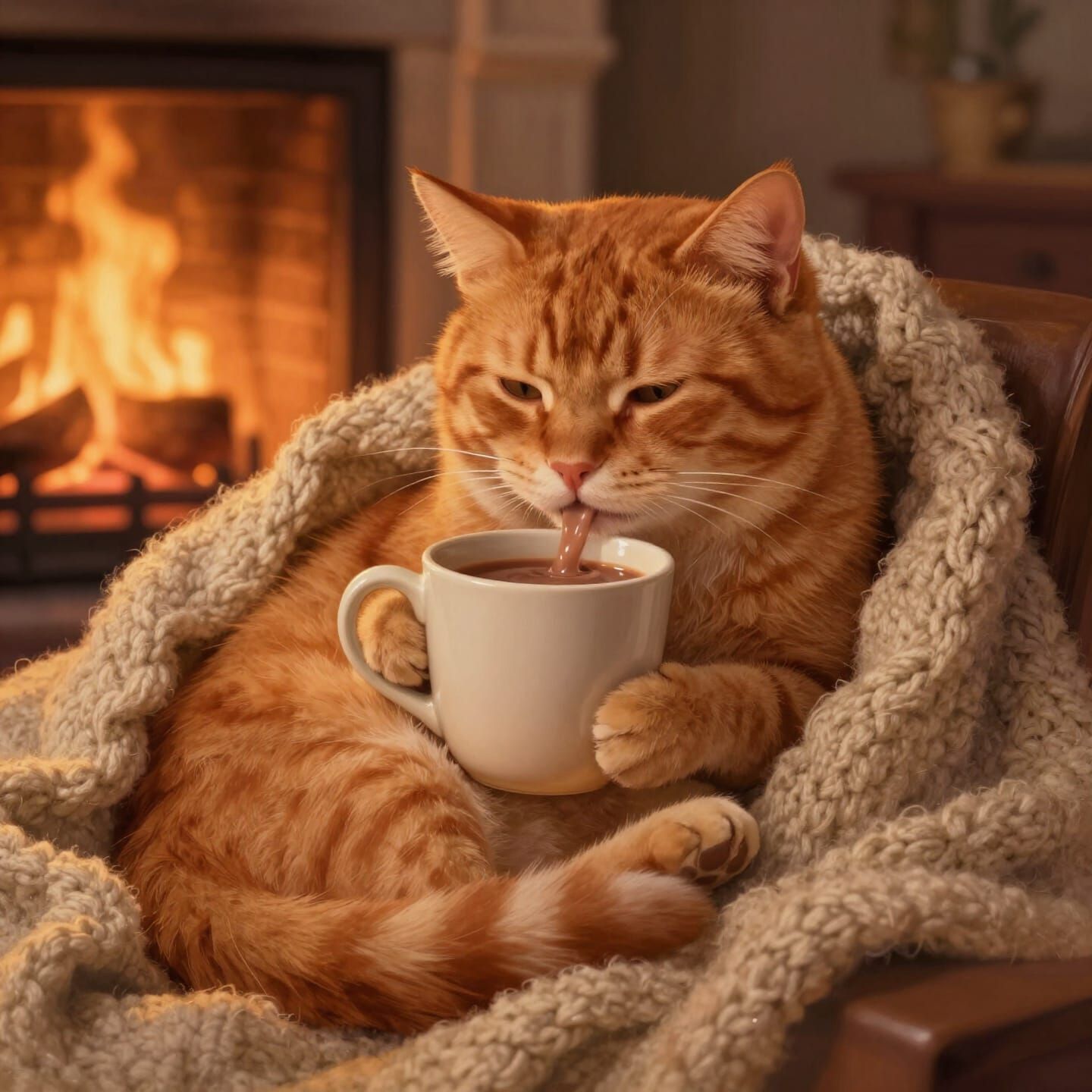 Cozy Ginger Cat Sips Hot Chocolate by Fireplace