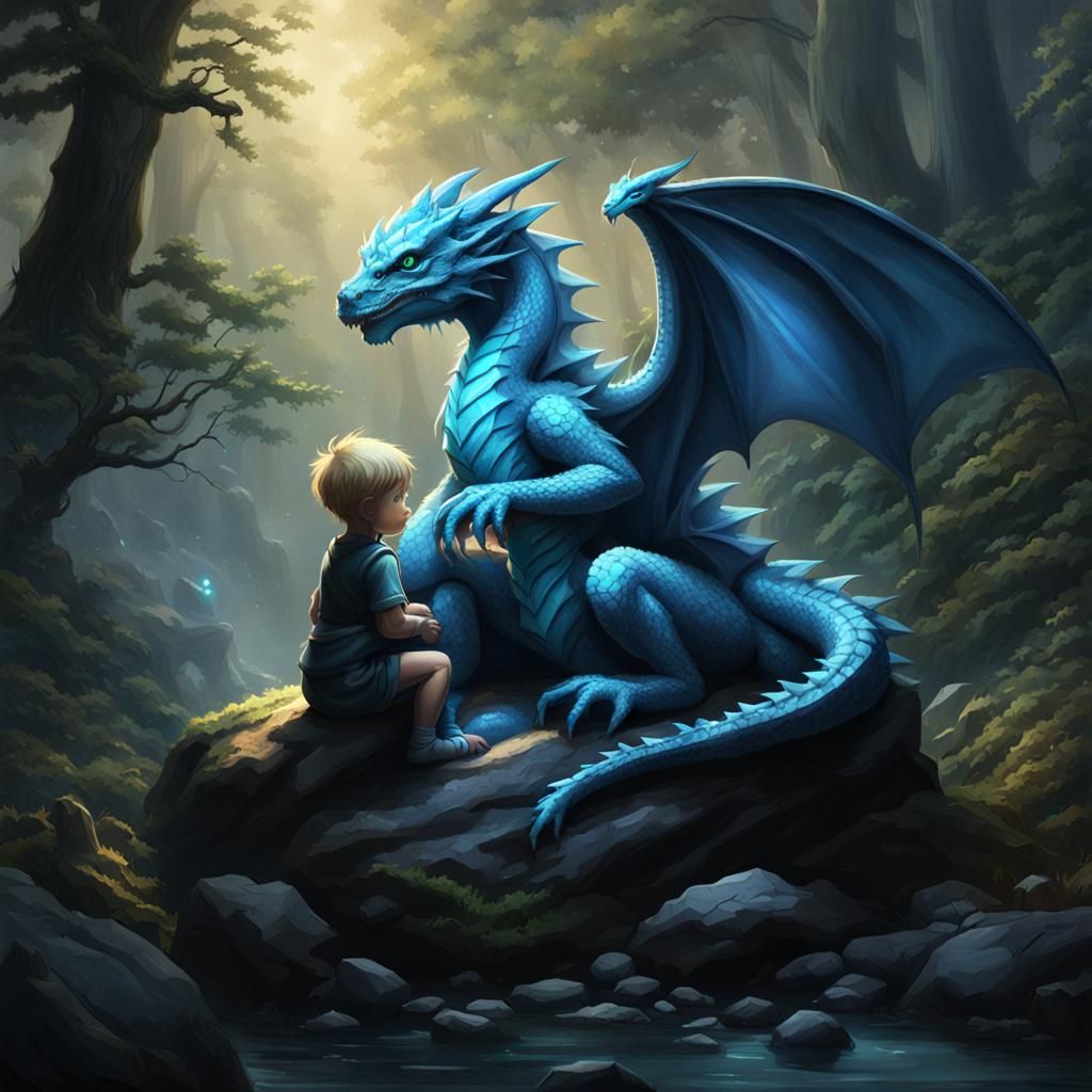 Woman Cuddles Glowing Dragon in Forest, Detailed Fantasy Art