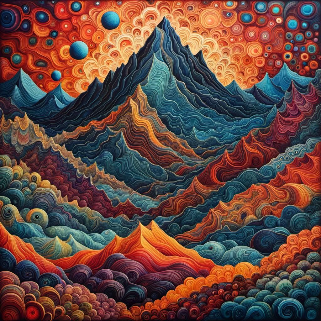 Intricate Encaustic Mountain in Abstract Geometric Style