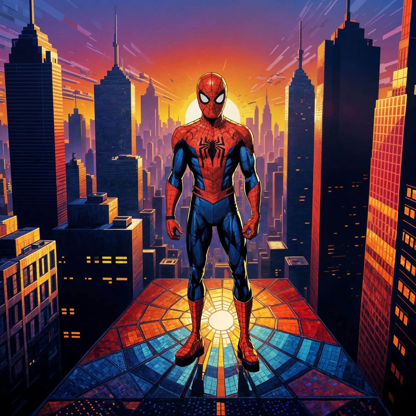 Spider-Man Pixel Art Mosaic in Retro-Futuristic Style