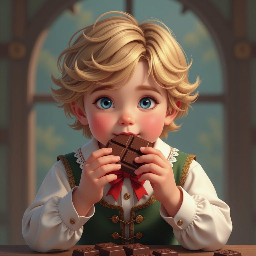 Blonde Boy Enjoying Chocolate in Ornate Realism Style