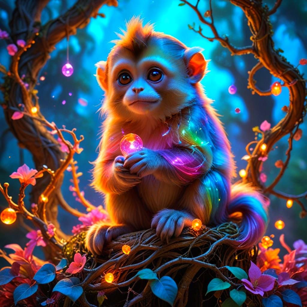 Vibrant Rainbow Capuchin Reigns in Whimsical Kingdom