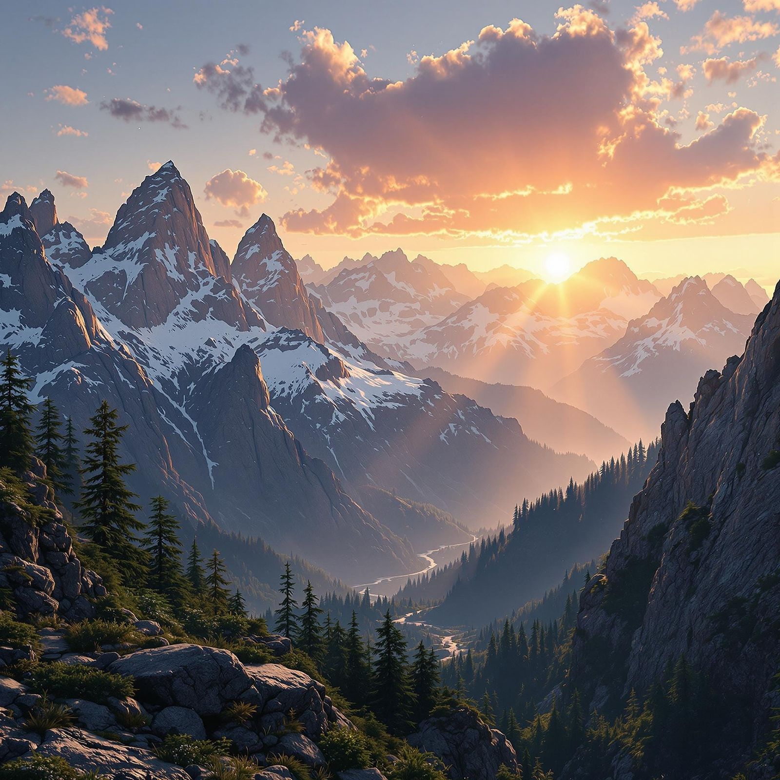 Majestic Sunrise Mountain Range in Hyperrealistic HDR