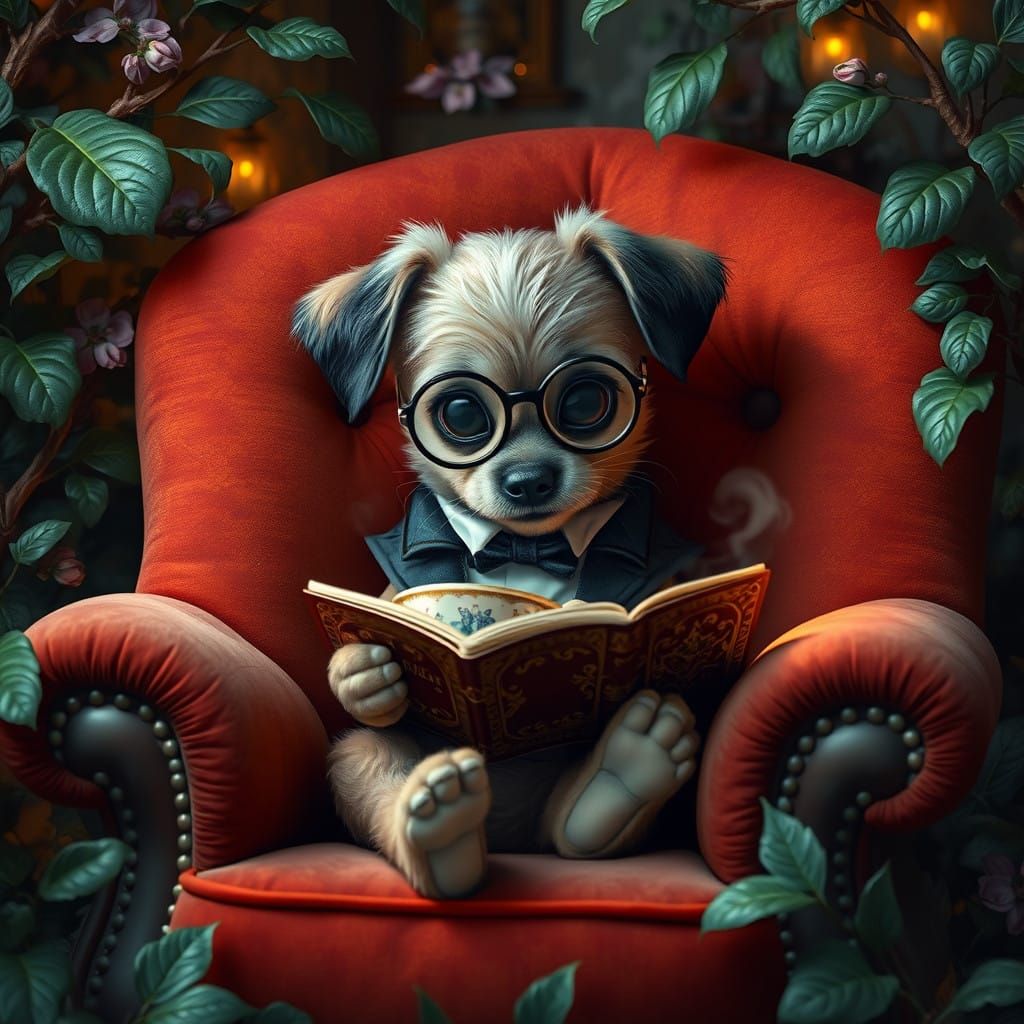 Whimsical Puppy in Velvet Armchair Sipping Tea and Reading a...