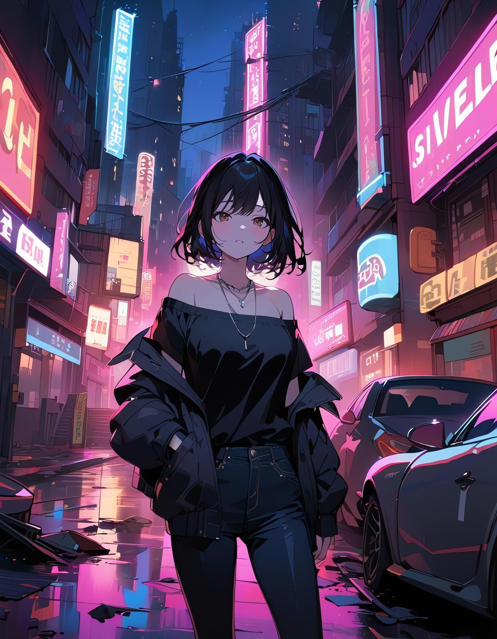 Neon Night: Woman in a Ruined City