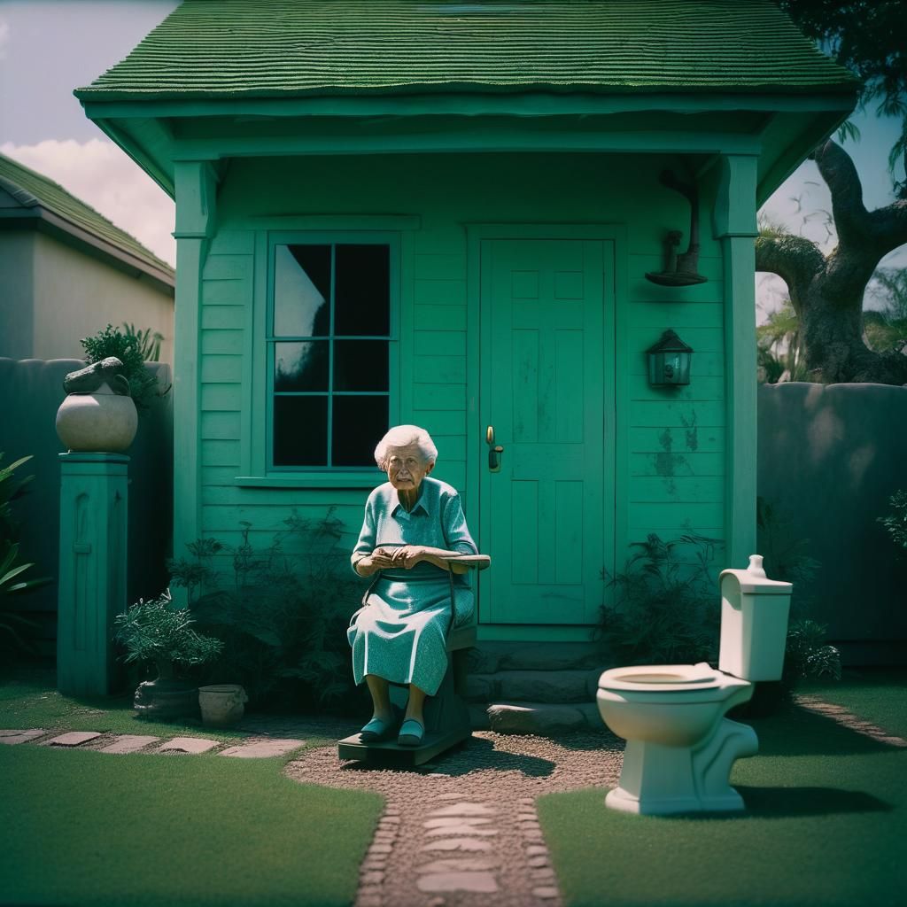 House with Toilet Statue and Old Woman: Cinematic Still