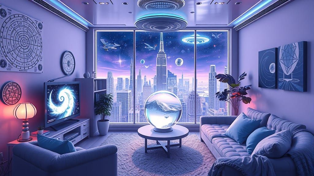 Cyberpunk Living Room with Vintage Tech and Celestial Decor